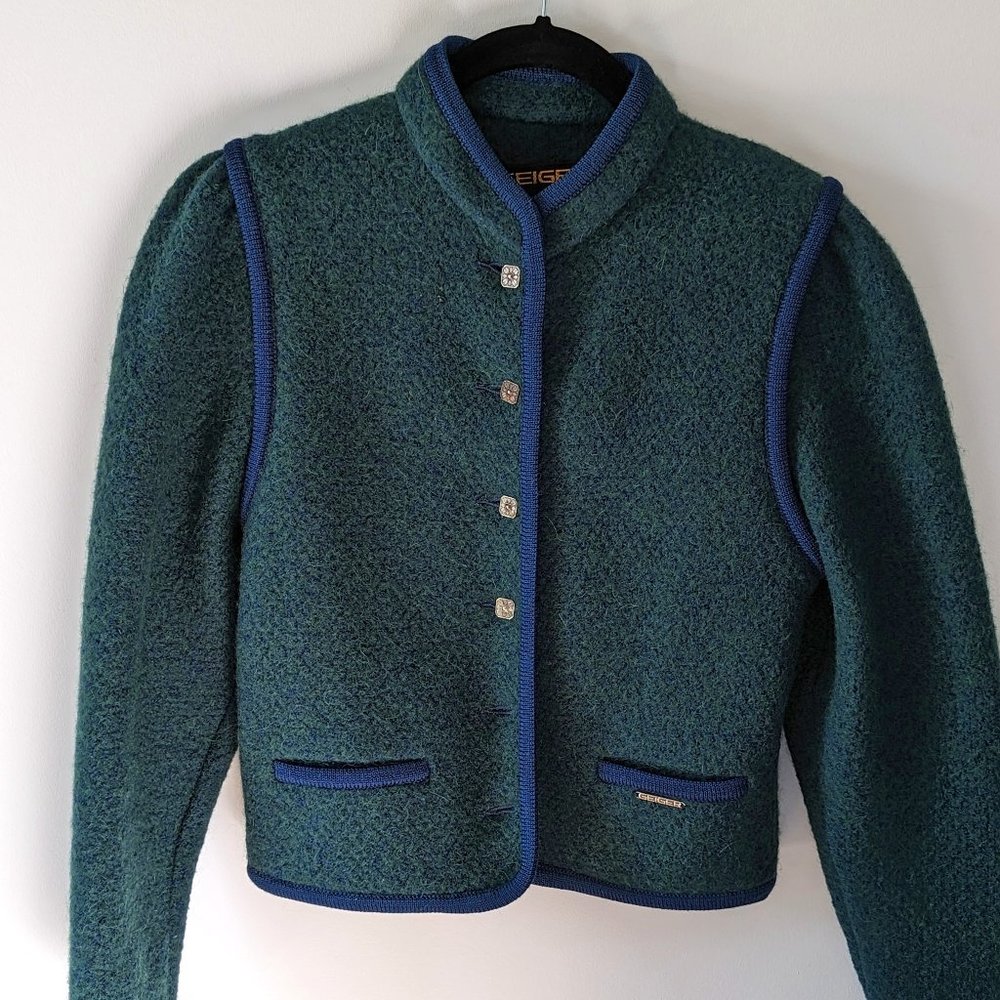 Geiger Tyrol sz 34 blue/green boiled wool jacket, silver buttons, pockets